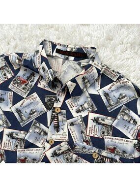 Light House New England Alan Stuart Print Shirt (Medium) Mens AOP Maine, Rhode I